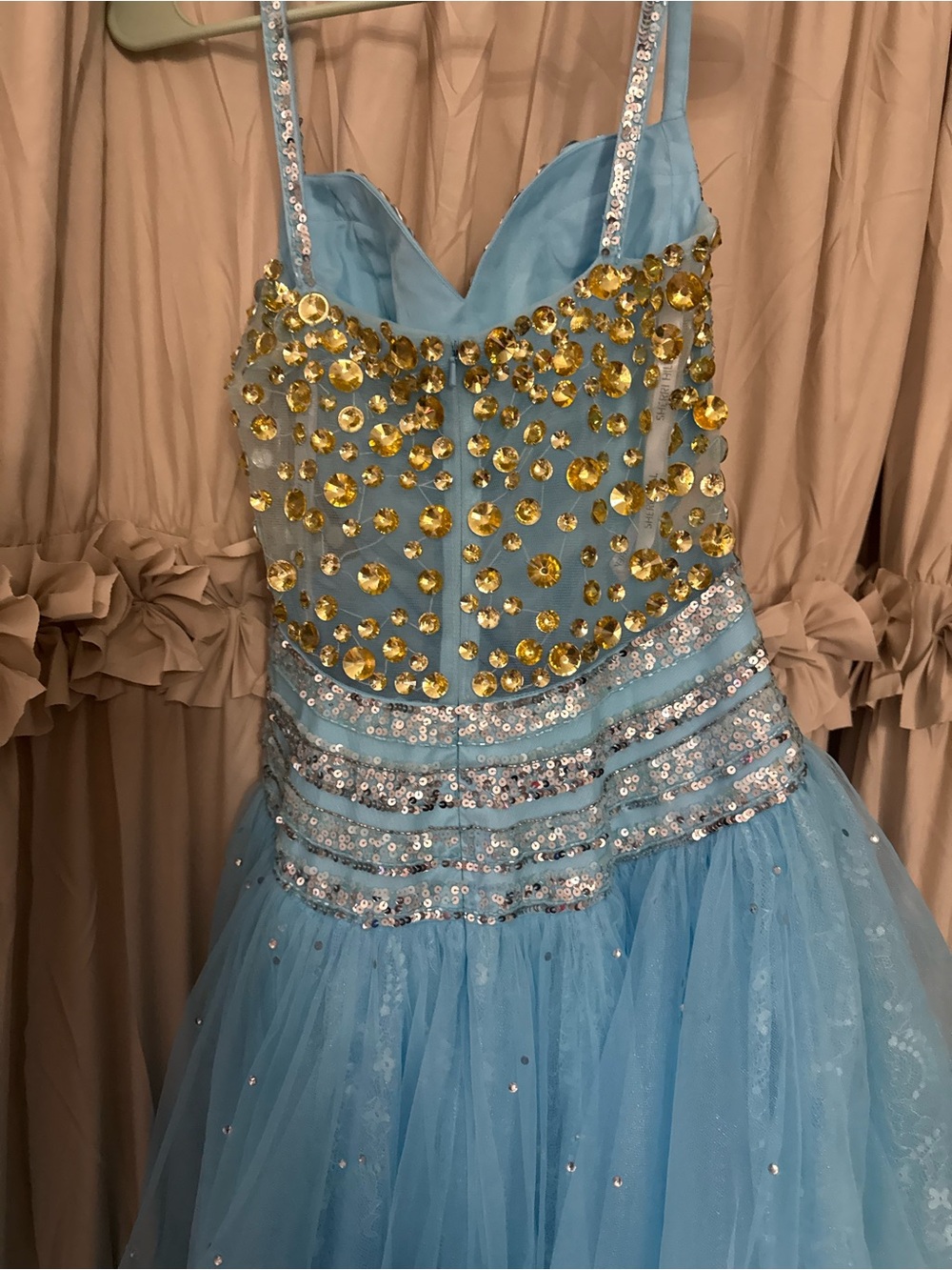 Sherri Hill Light Blue and Gold Beaded High-Low Prom Dress - Picture 4 of 12